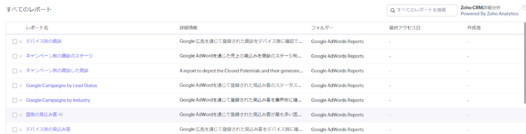Google広告連携後に出来る複数のレポートの名前が表示されている画面