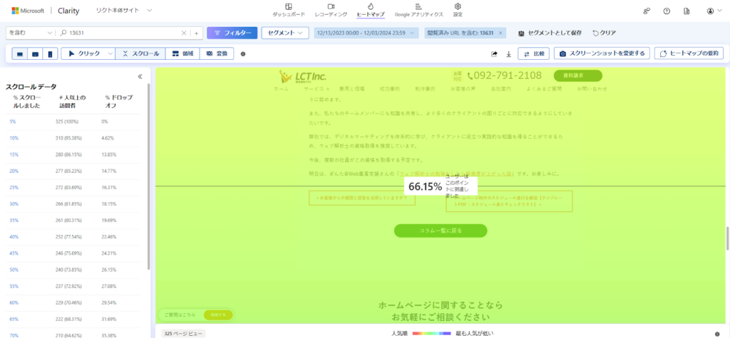 Microsoft ClarityのスクロールヒートマップでPCの読了付近を表示している画面